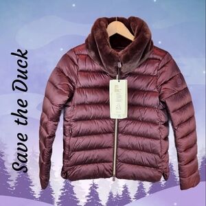 Save The Duck Puffy Winter Jacket Sz M Burgundy Faux Fur Synthetic Down